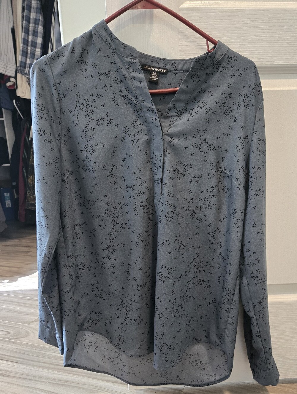 Hilary Radley Slate Blue Long-Sleeve Blouse with Black Dot Floral Print
